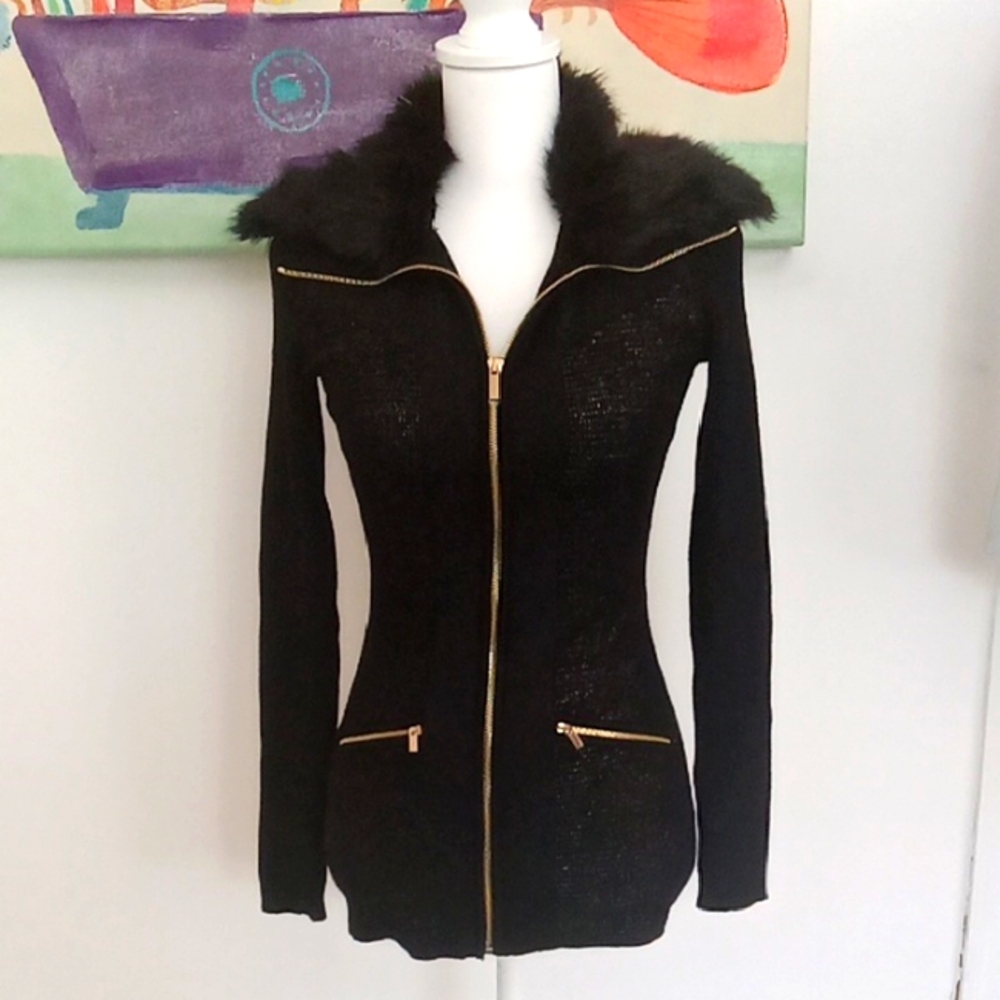 Cache Faux Black Fur-Trimmed Women's Jacket